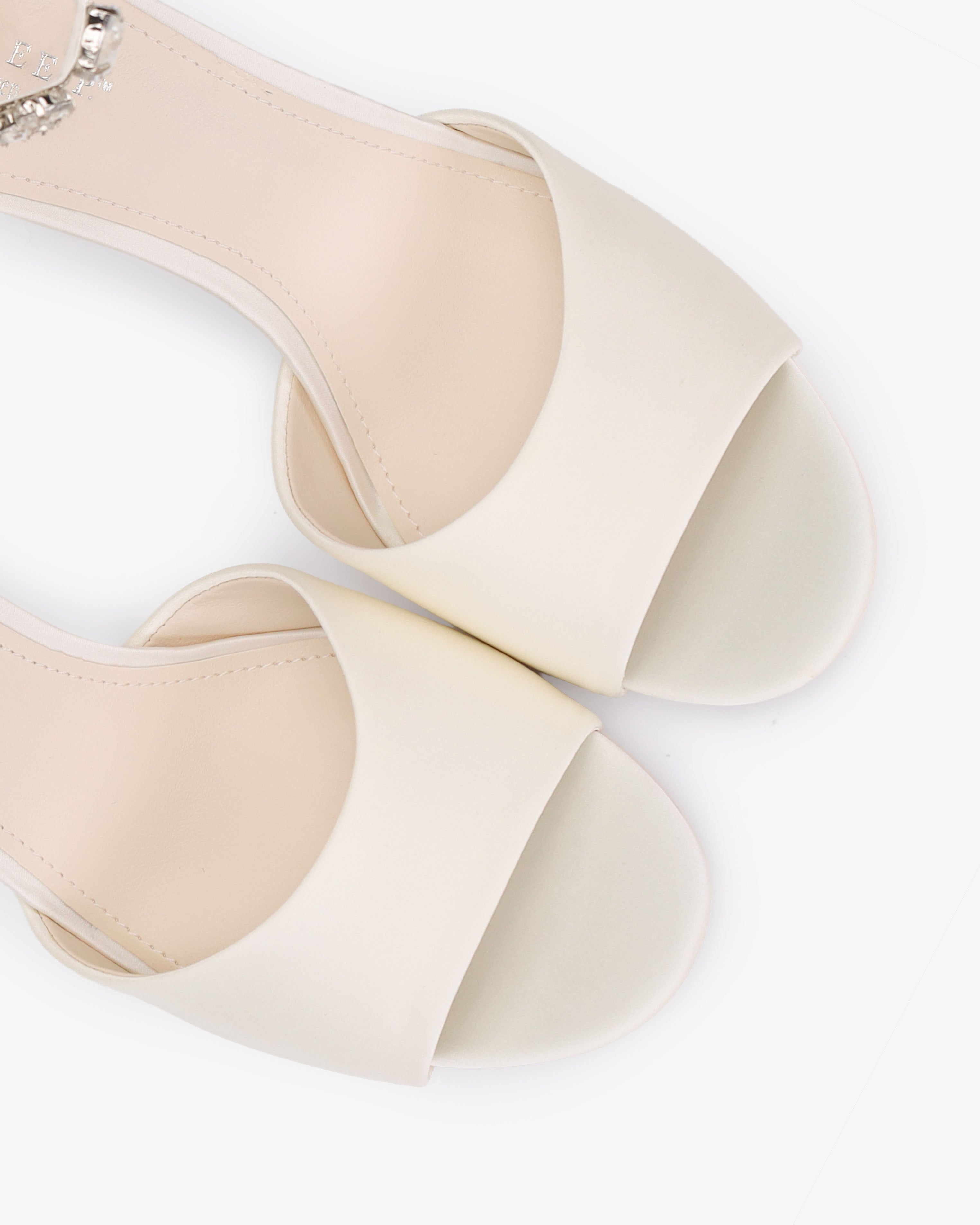 Satin Block Heel Wedding Sandals with Navette Cluster Rhinestones Strap - Glamourous Grace
