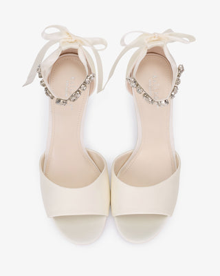 Satin Block Heel Wedding Sandals with Navette Cluster Rhinestones Strap - Glamourous Grace