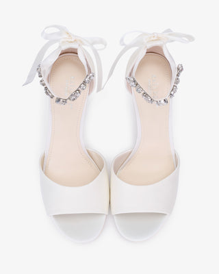 Satin Block Heel Wedding Sandals with Navette Cluster Rhinestones Strap - Glamourous Grace