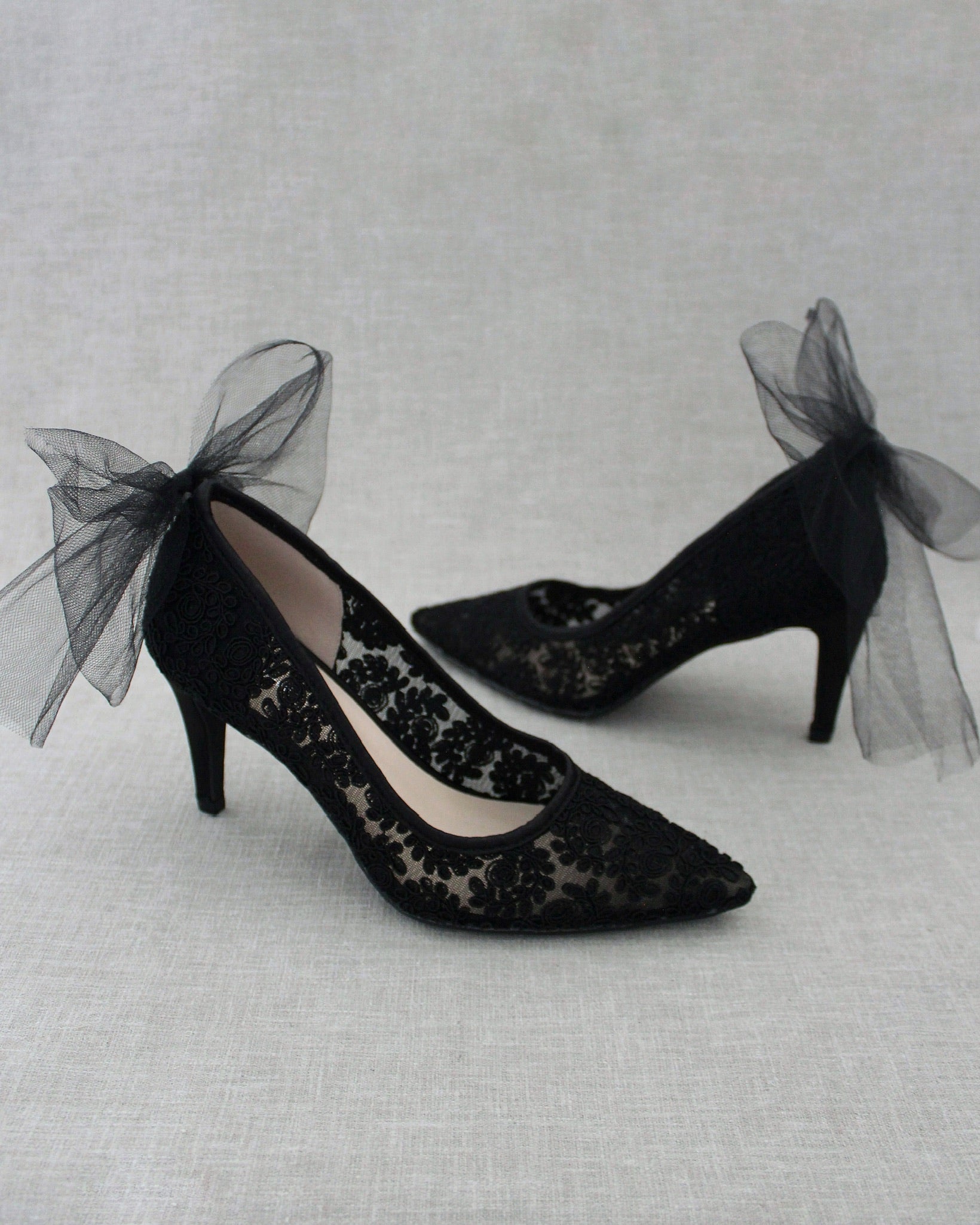 Lace Evening Shoes with Tulle Back Bow