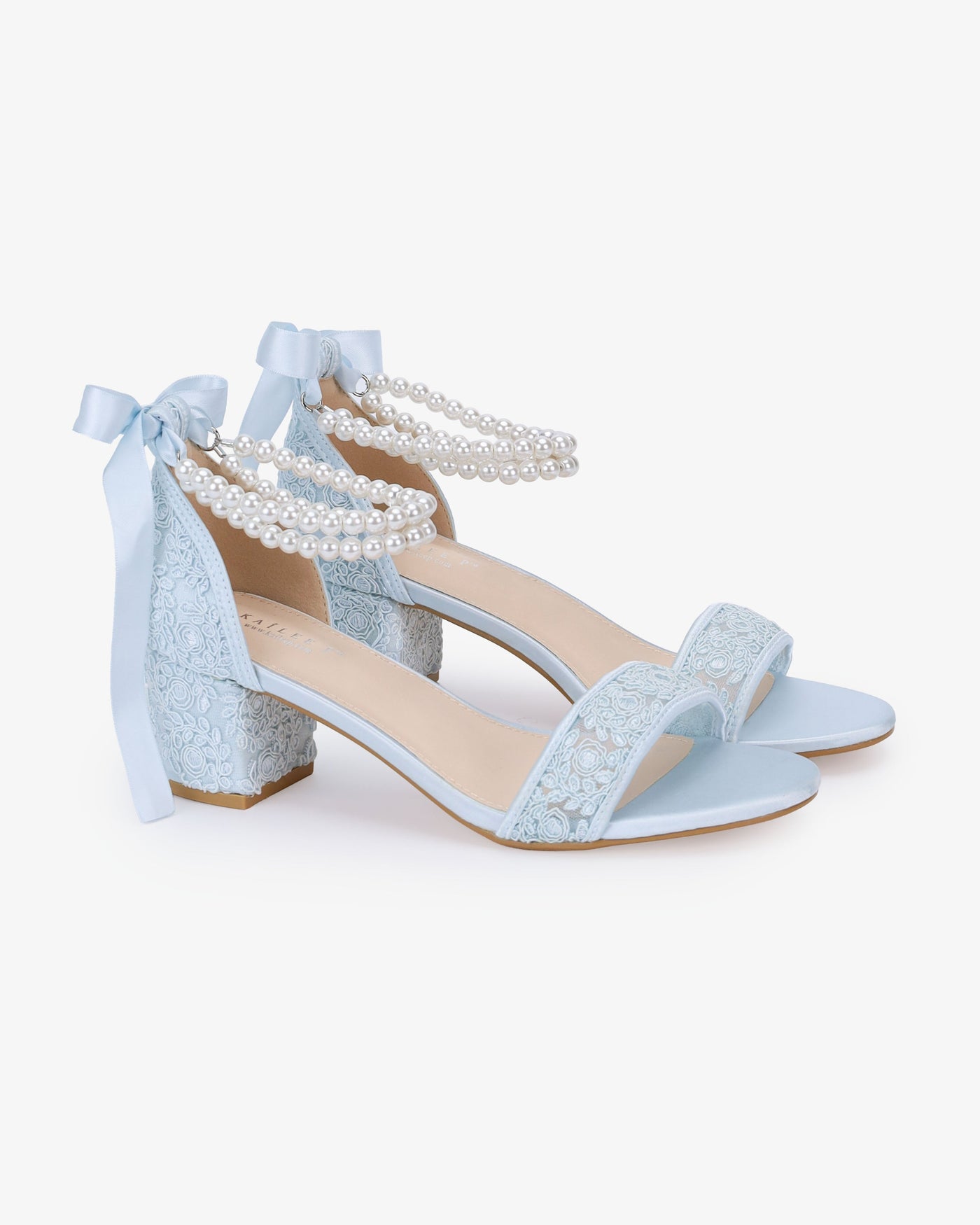Crochet Lace Block Heel Wedding Sandals with Double Pearl Ankle Strap - Glamourous Grace