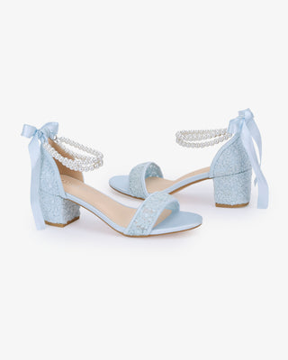 Crochet Lace Block Heel Wedding Sandals with Double Pearl Ankle Strap
