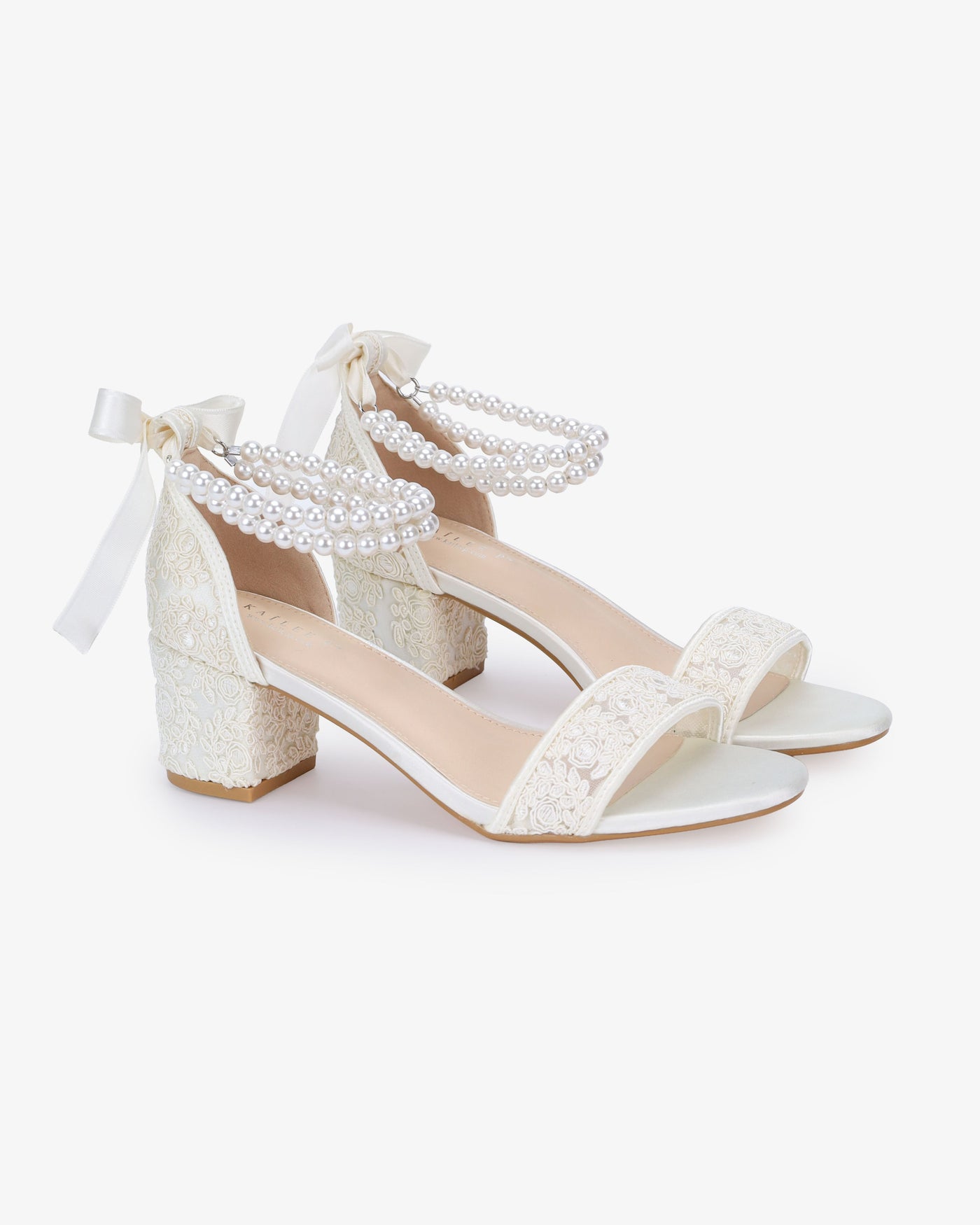 Crochet Lace Block Heel Wedding Sandals with Double Pearl Ankle Strap - Glamourous Grace