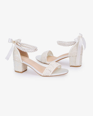 Crochet Lace Block Heel Wedding Sandals with Double Pearl Ankle Strap