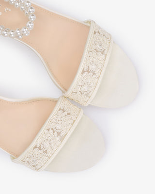Crochet Lace Block Heel Wedding Sandals with Double Pearl Ankle Strap