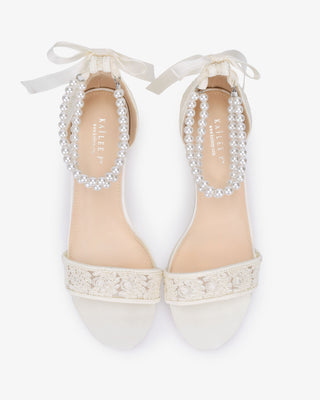 Crochet Lace Block Heel Wedding Sandals with Double Pearl Ankle Strap