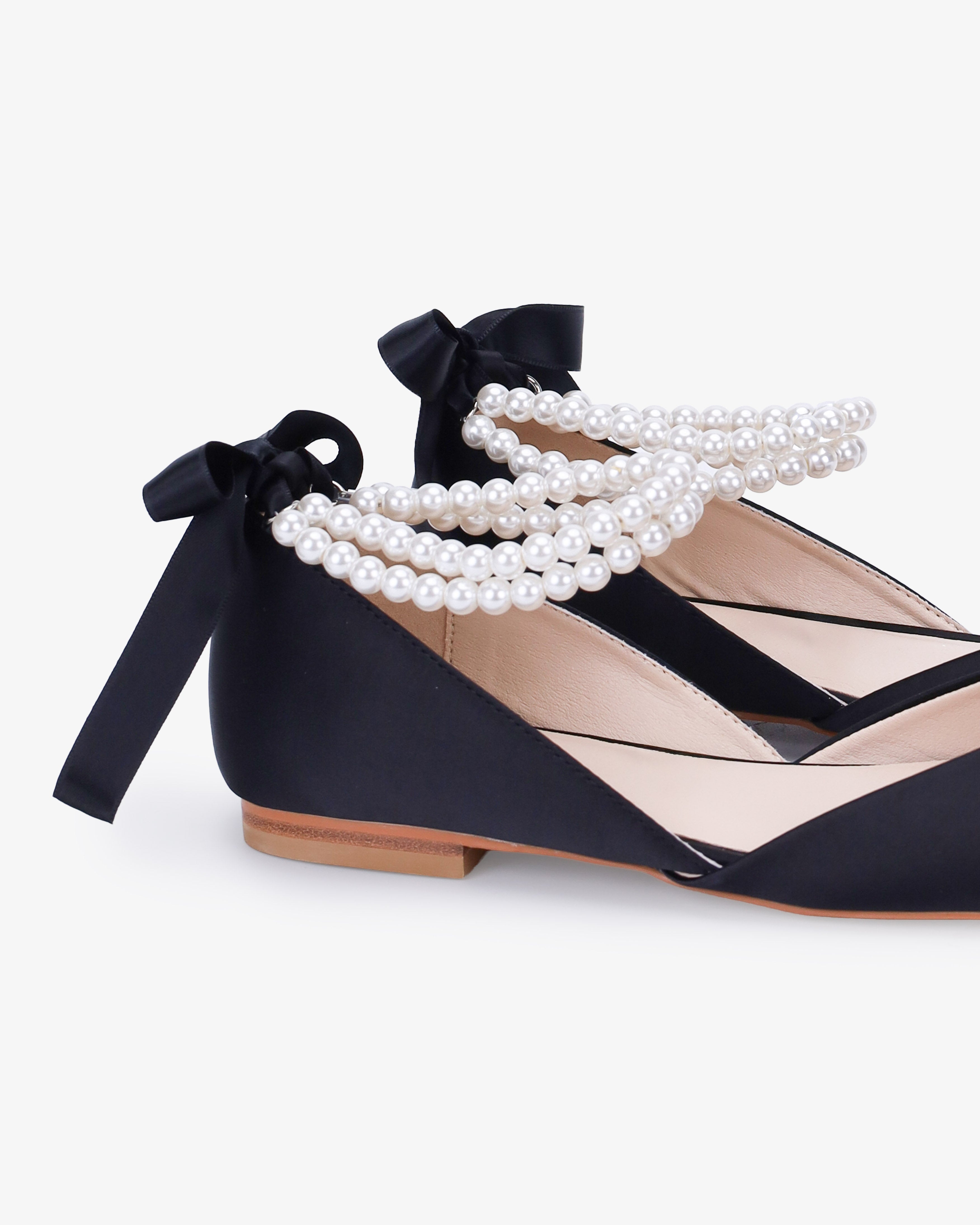 Satin Round Toe Evening Flat with Double Pearls Ankle Strap