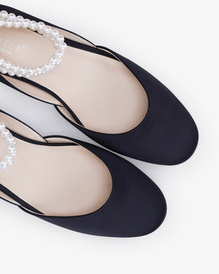 Satin Round Toe Evening Flat with Double Pearls Ankle Strap