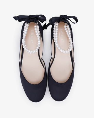 Satin Round Toe Evening Flat with Double Pearls Ankle Strap