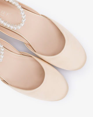 Satin Round Toe Evening Flat with Double Pearls Ankle Strap
