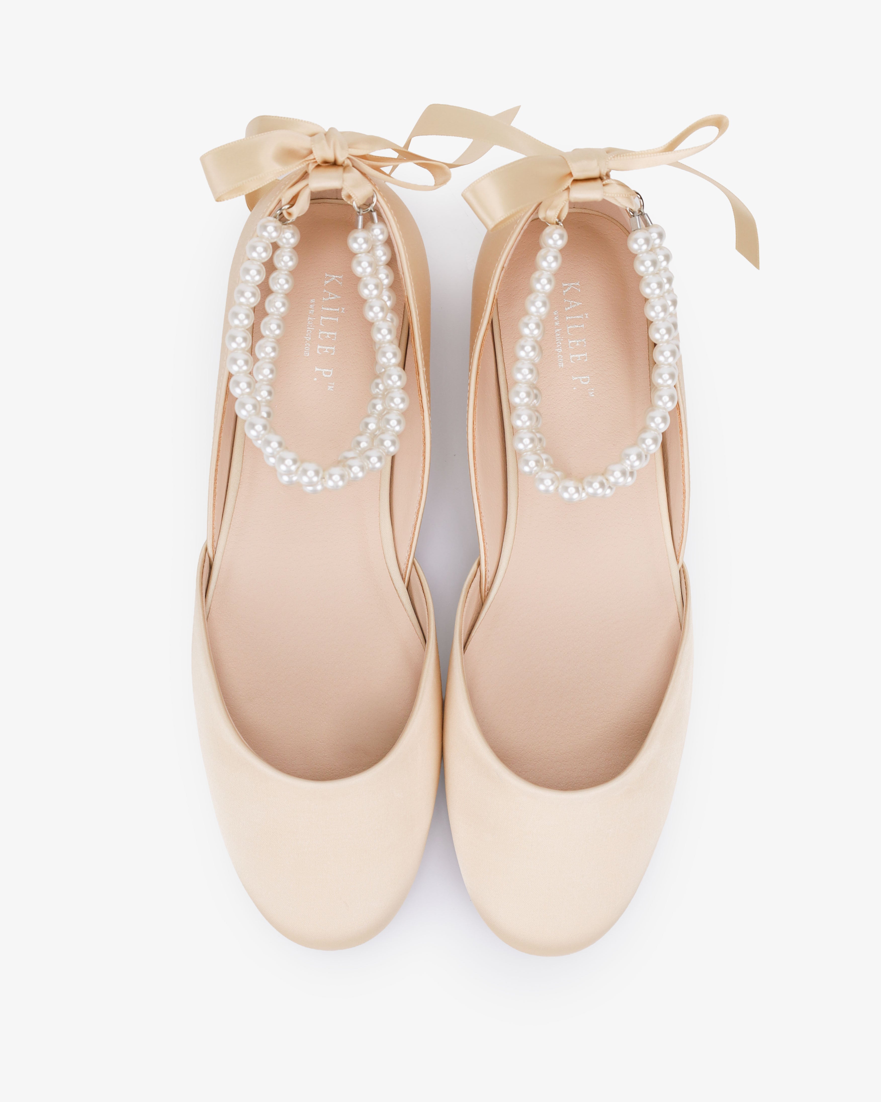 Satin Round Toe Evening Flat with Double Pearls Ankle Strap