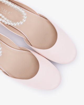 Satin Round Toe Evening Flat with Double Pearls Ankle Strap