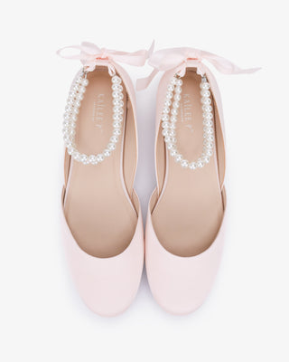 Satin Round Toe Evening Flat with Double Pearls Ankle Strap
