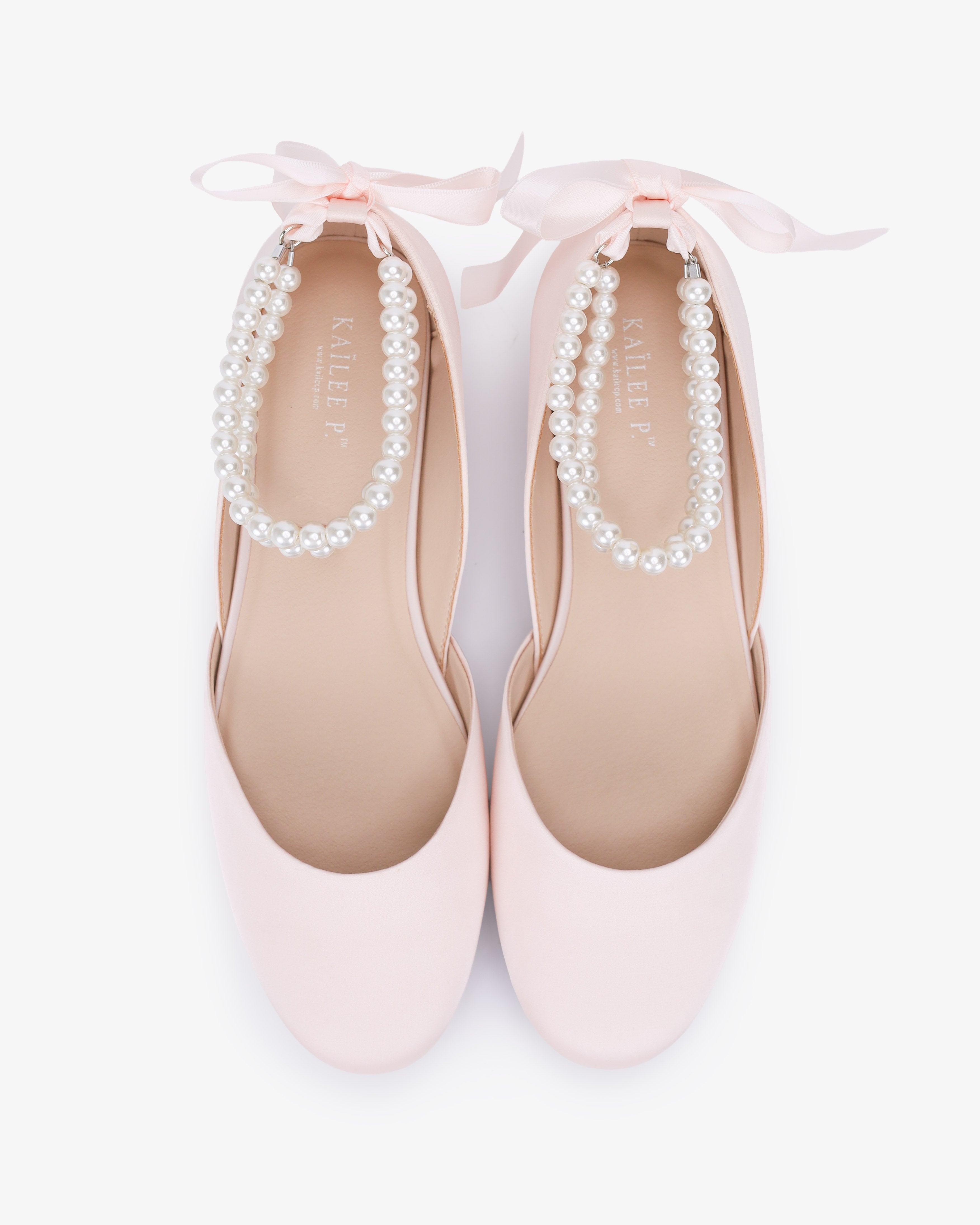 Satin Round Toe Evening Flat with Double Pearls Ankle Strap