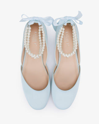 Satin Round Toe Wedding Flat with Double Pearls Ankle Strap