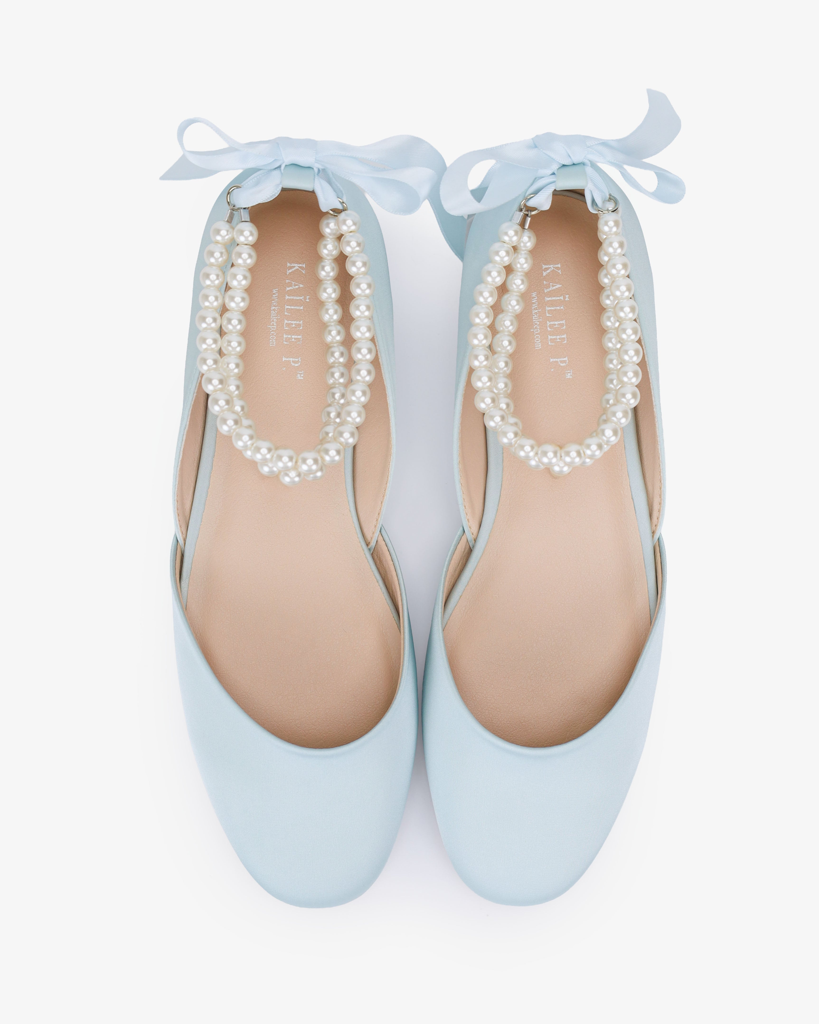 Satin Round Toe Wedding Flat with Double Pearls Ankle Strap