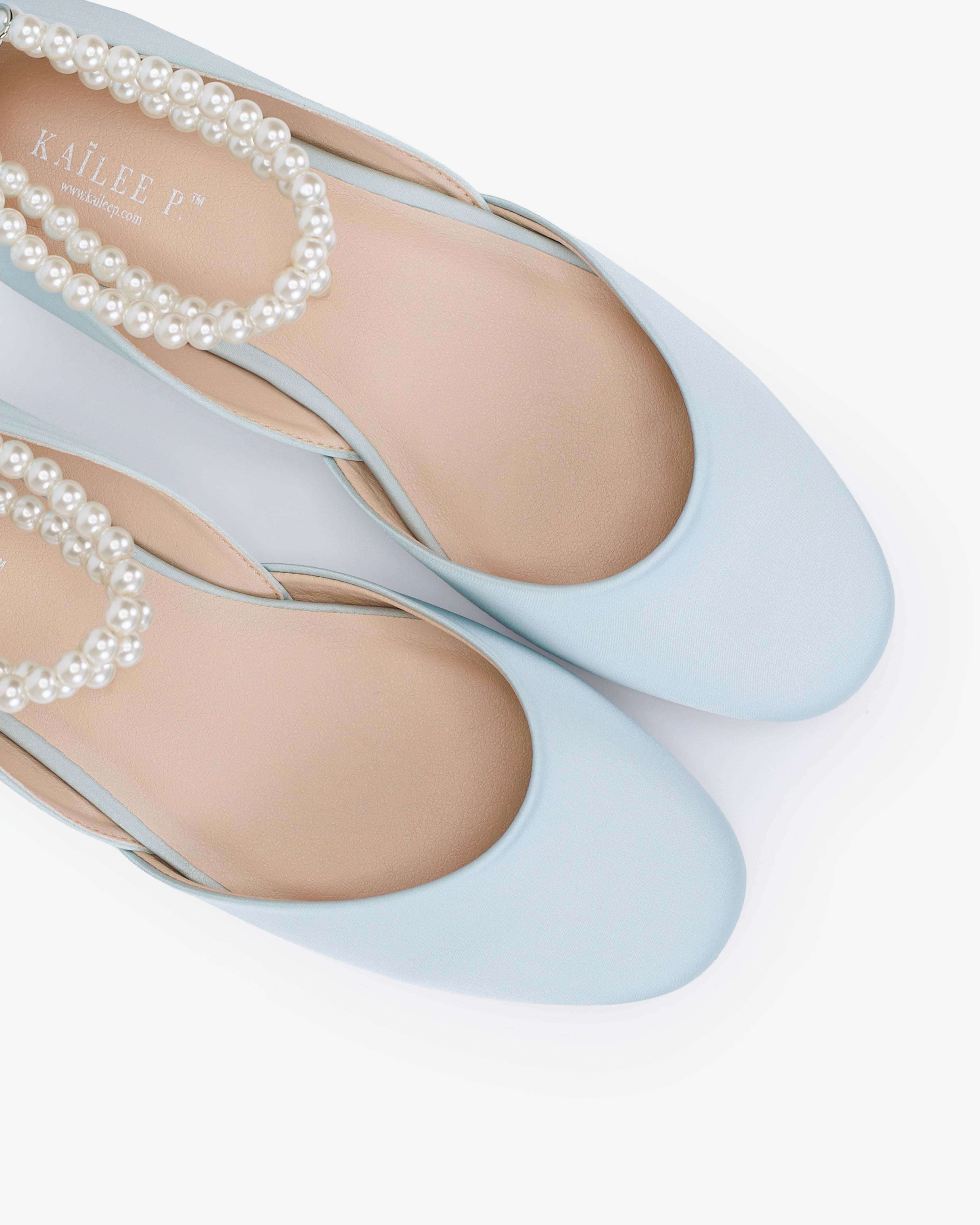 Satin Round Toe Wedding Flat with Double Pearls Ankle Strap