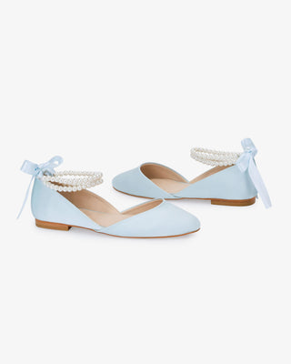 Satin Round Toe Wedding Flat with Double Pearls Ankle Strap