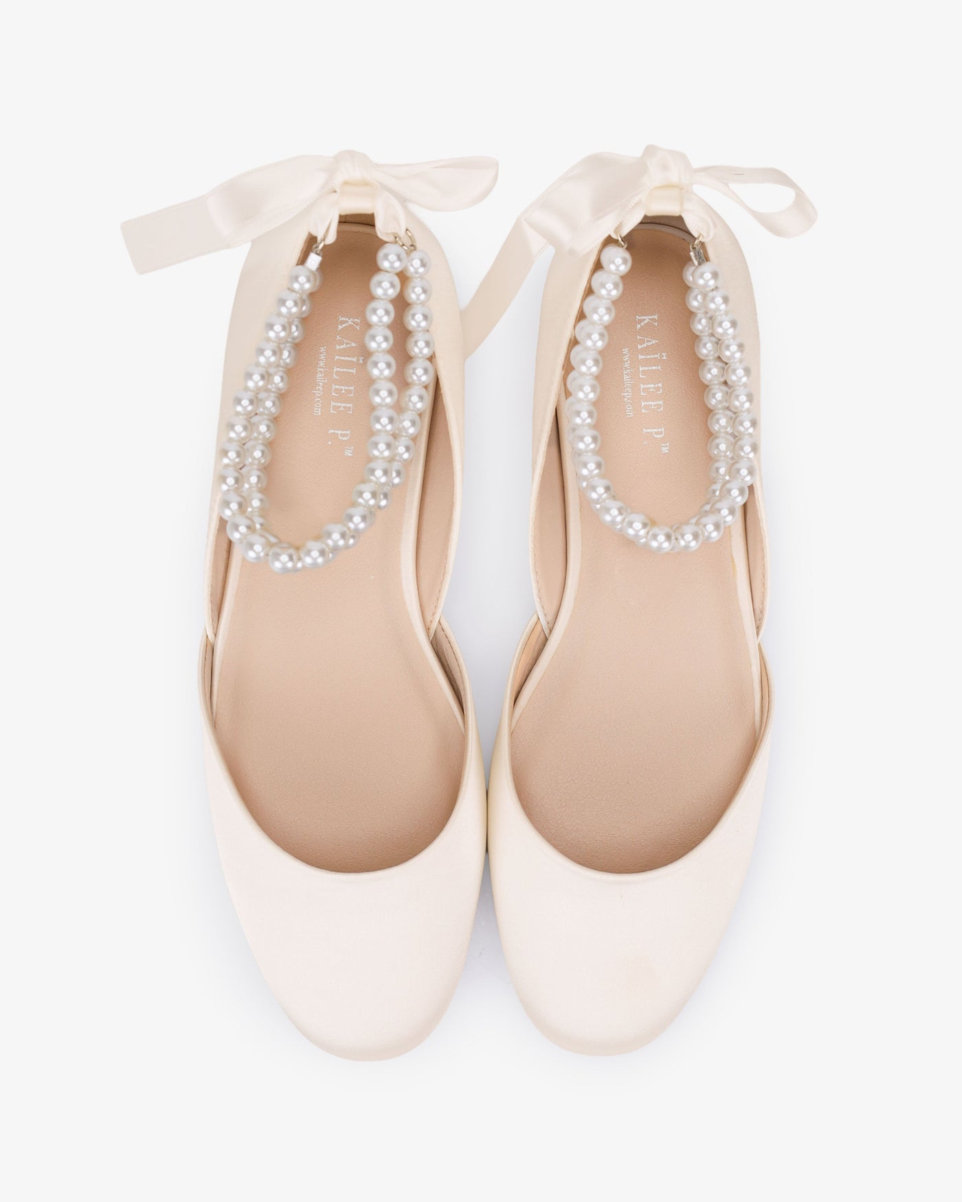 Satin Round Toe Wedding Flat with Double Pearls Ankle Strap - Glamourous Grace