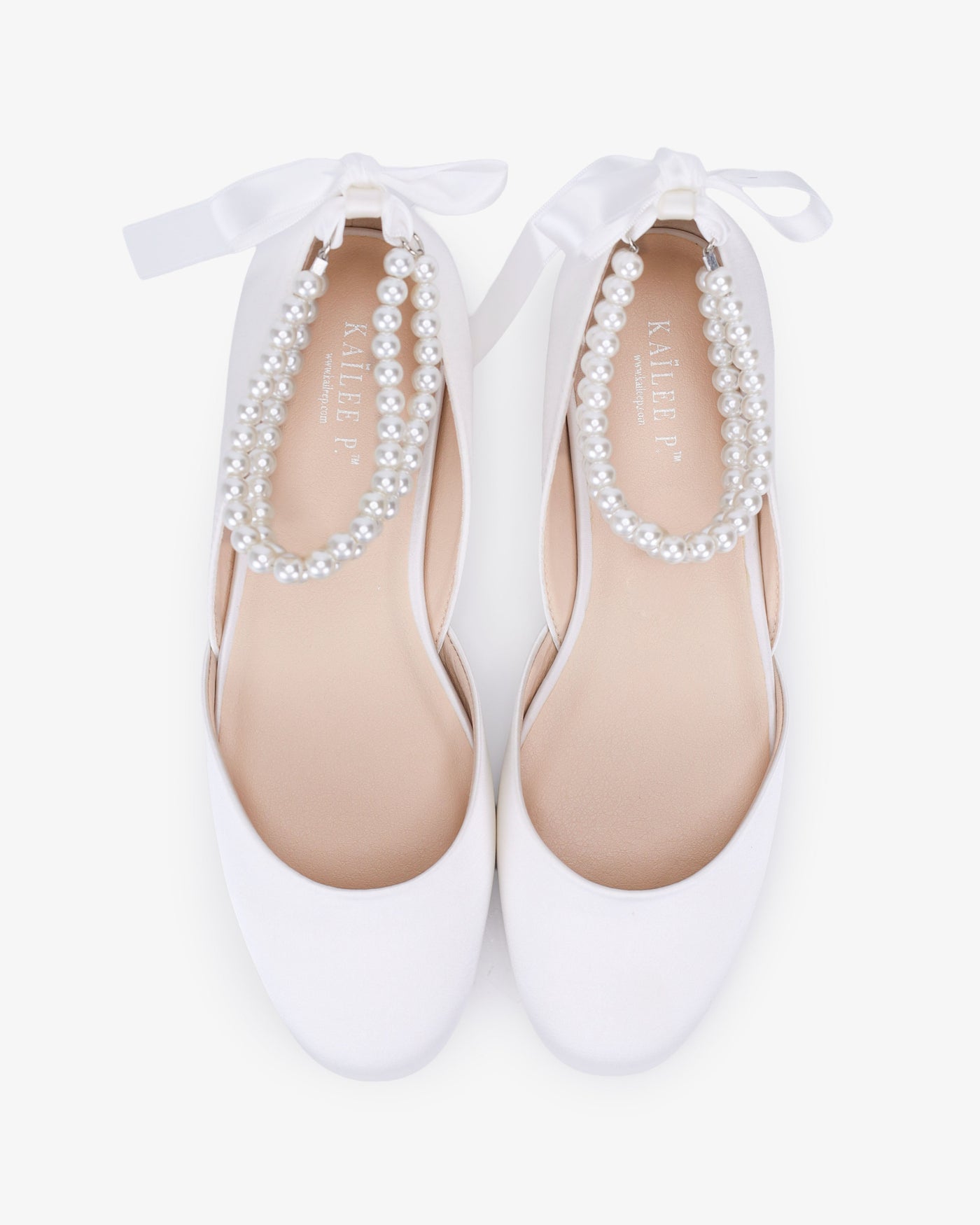 Satin Round Toe Wedding Flat with Double Pearls Ankle Strap - Glamourous Grace