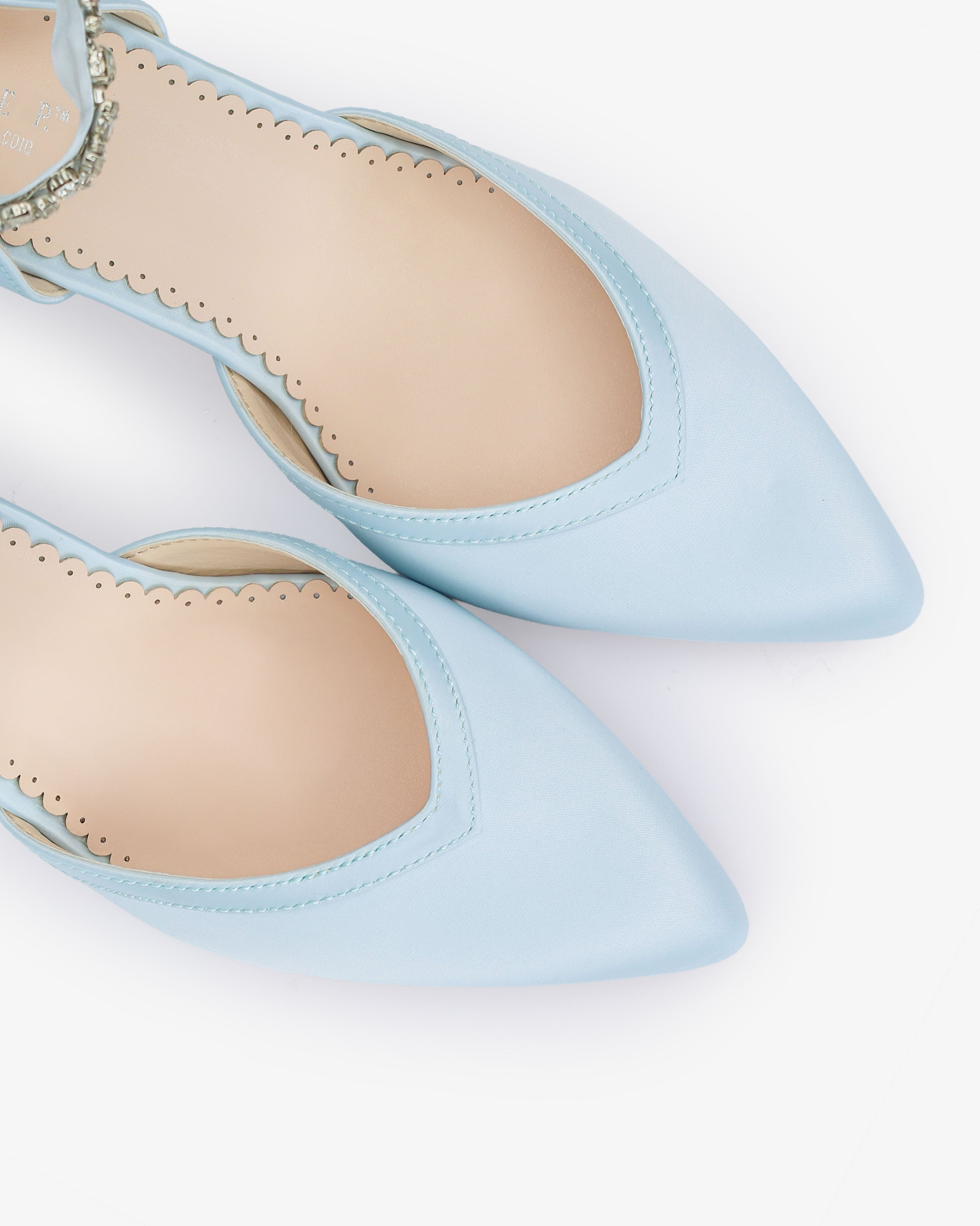 Satin Block Heels Wedding Shoes with Floral Rhinestones Ankle Strap