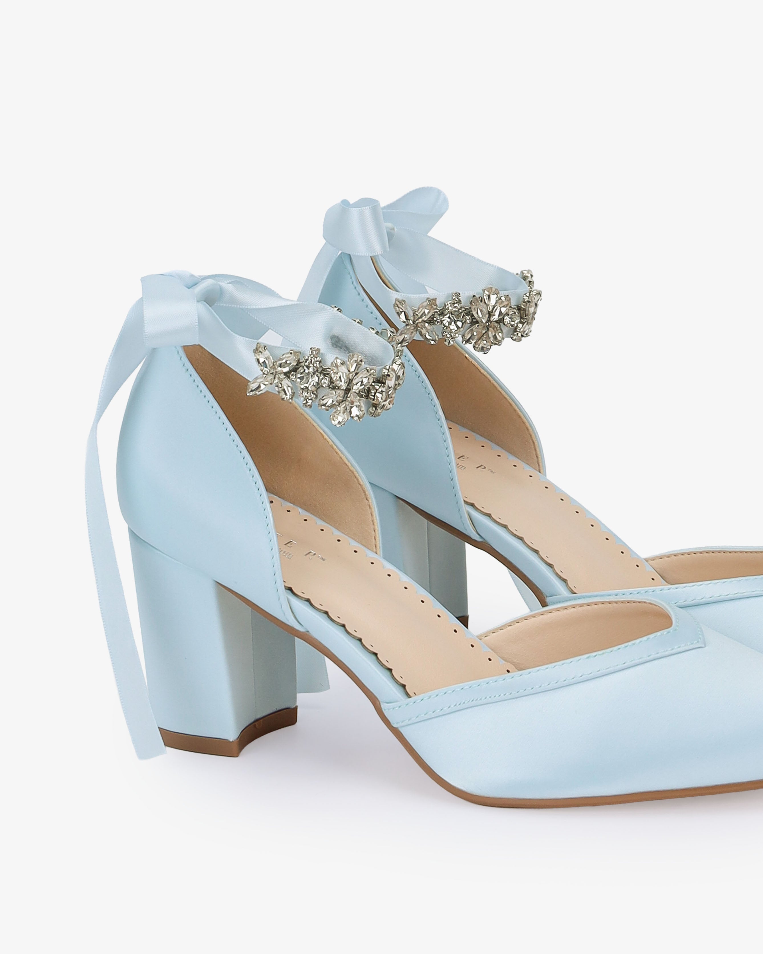Satin Block Heels Wedding Shoes with Floral Rhinestones Ankle Strap - Glamourous Grace