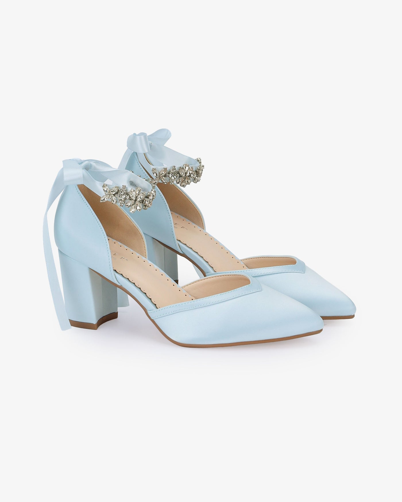 Satin Block Heels Wedding Shoes with Floral Rhinestones Ankle Strap - Glamourous Grace