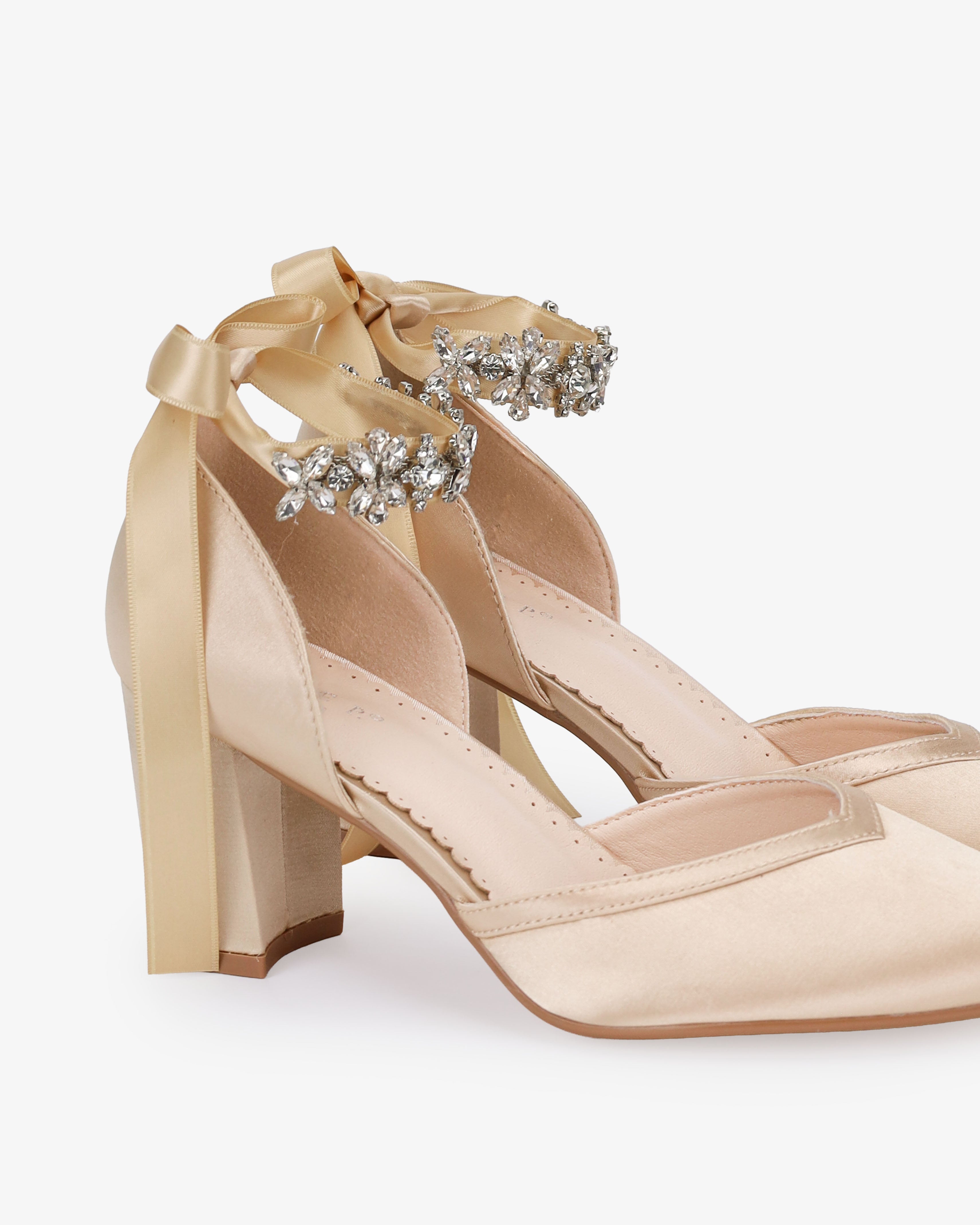 Satin Block Heels Evening Shoes with Floral Rhinestones Ankle Strap - Glamourous Grace