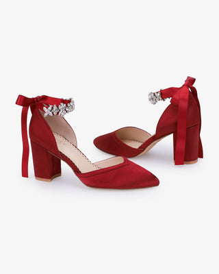 Satin Block Heels Evening Shoes with Floral Rhinestones Ankle Strap