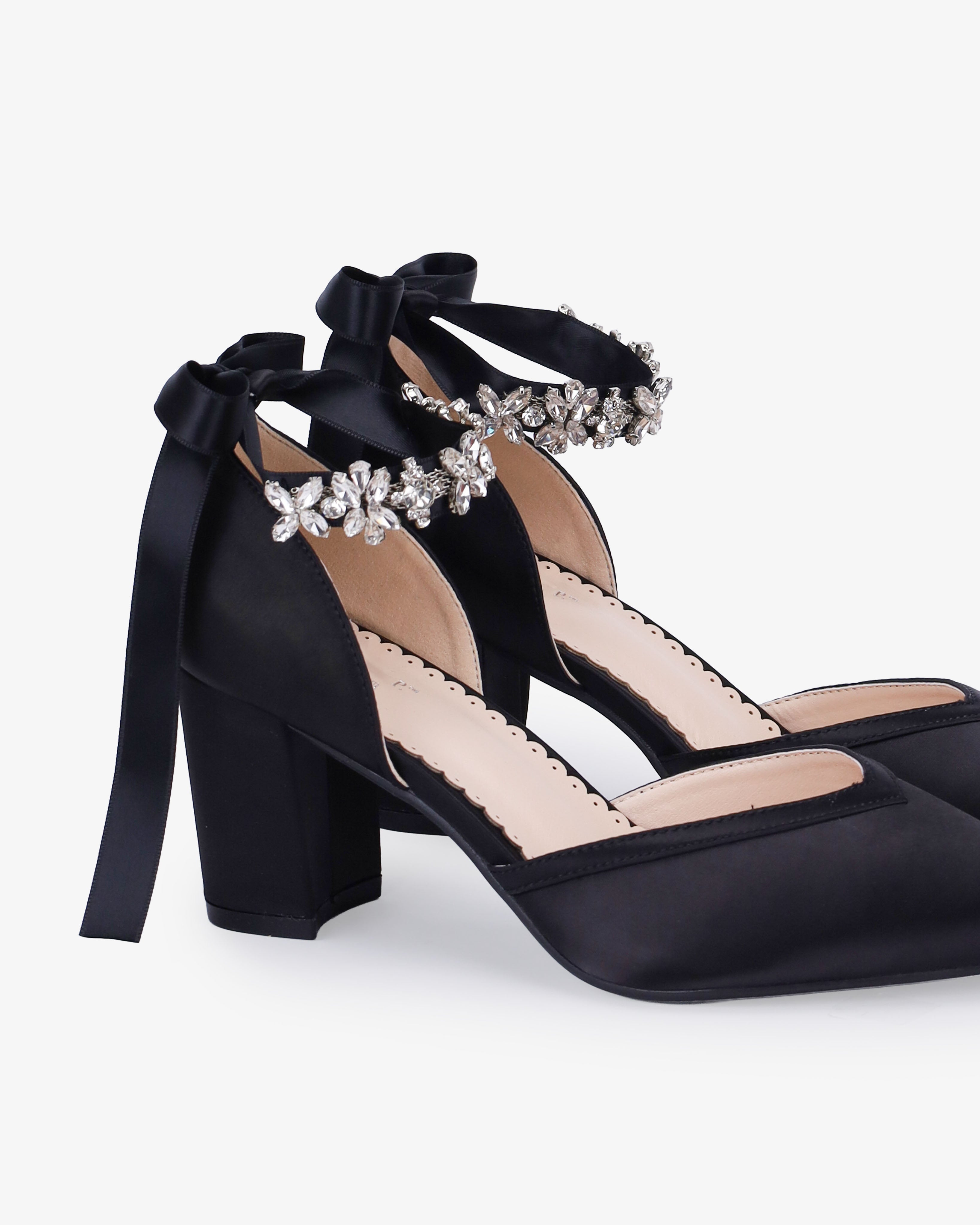 Satin Block Heels Evening Shoes with Floral Rhinestones Ankle Strap - Glamourous Grace