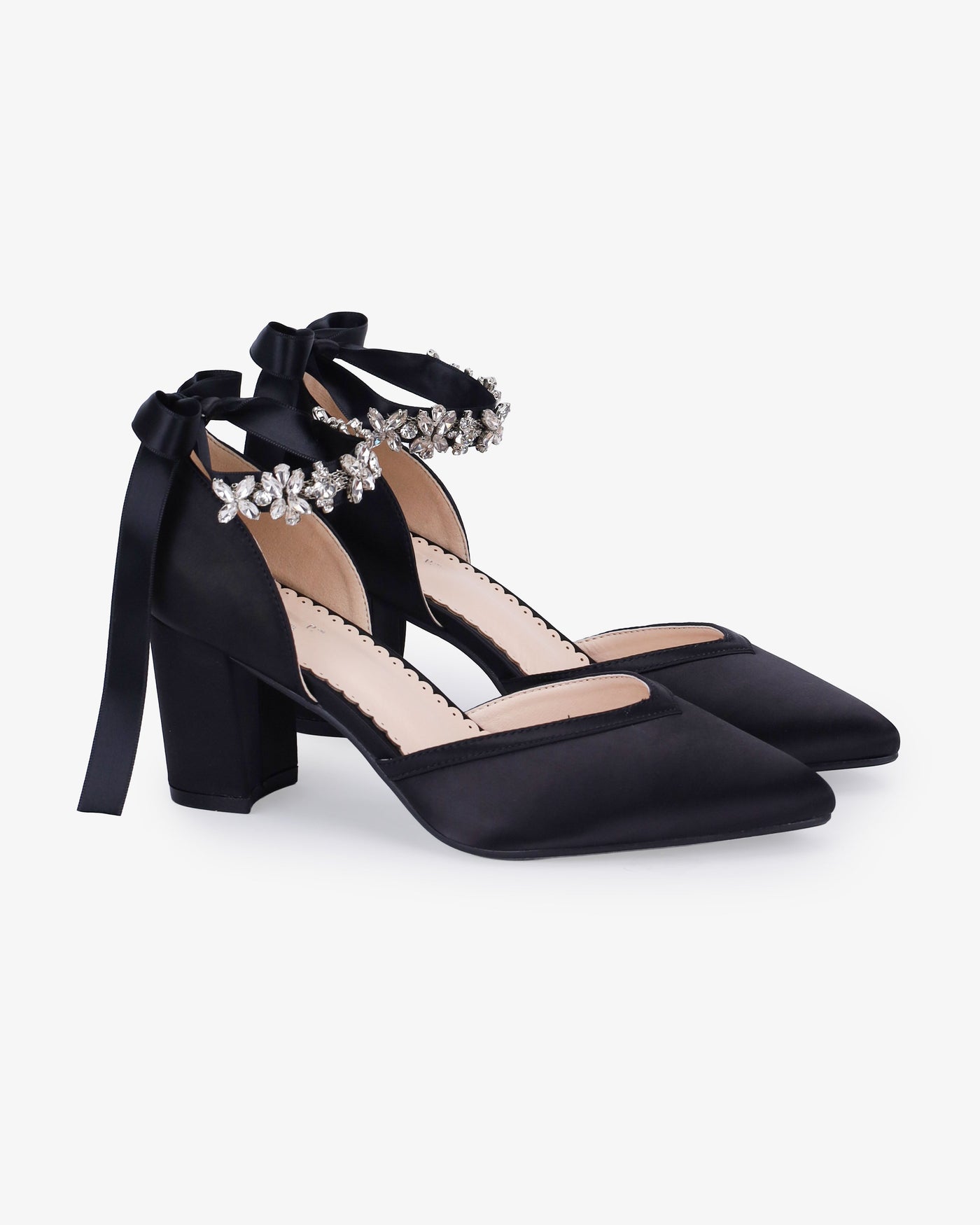 Satin Block Heels Evening Shoes with Floral Rhinestones Ankle Strap - Glamourous Grace