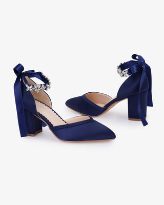 Satin Block Heels Evening Shoes with Floral Rhinestones Ankle Straps
