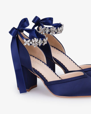 Satin Block Heels Evening Shoes with Floral Rhinestones Ankle Straps