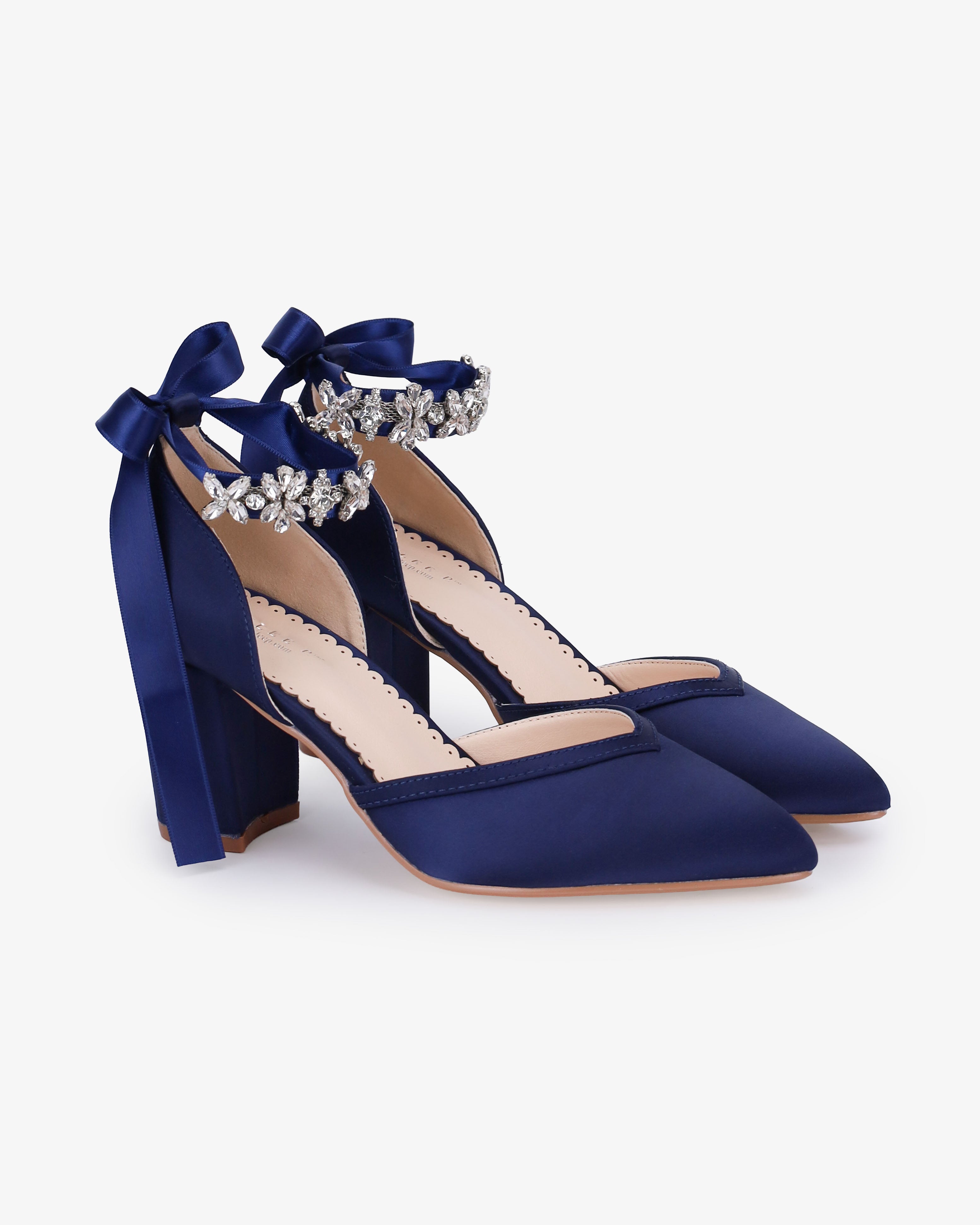 Satin Block Heels Evening Shoes with Floral Rhinestones Ankle Straps