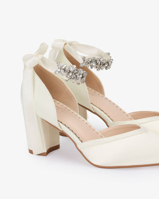 Satin Block Heels Wedding Shoes with Floral Rhinestones Ankle Strap - Glamourous Grace
