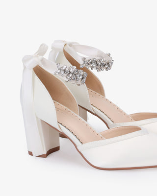 Satin Block Heels Wedding Shoes with Floral Rhinestones Ankle Strap - Glamourous Grace