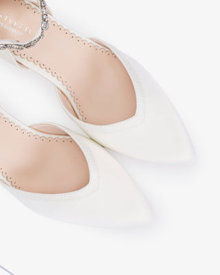 Satin Block Heels Wedding Shoes with Floral Rhinestones Ankle Strap