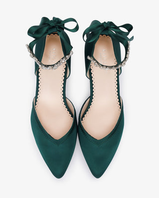 Satin Block Heels Evening Shoes with Floral Rhinestones Ankle Strap