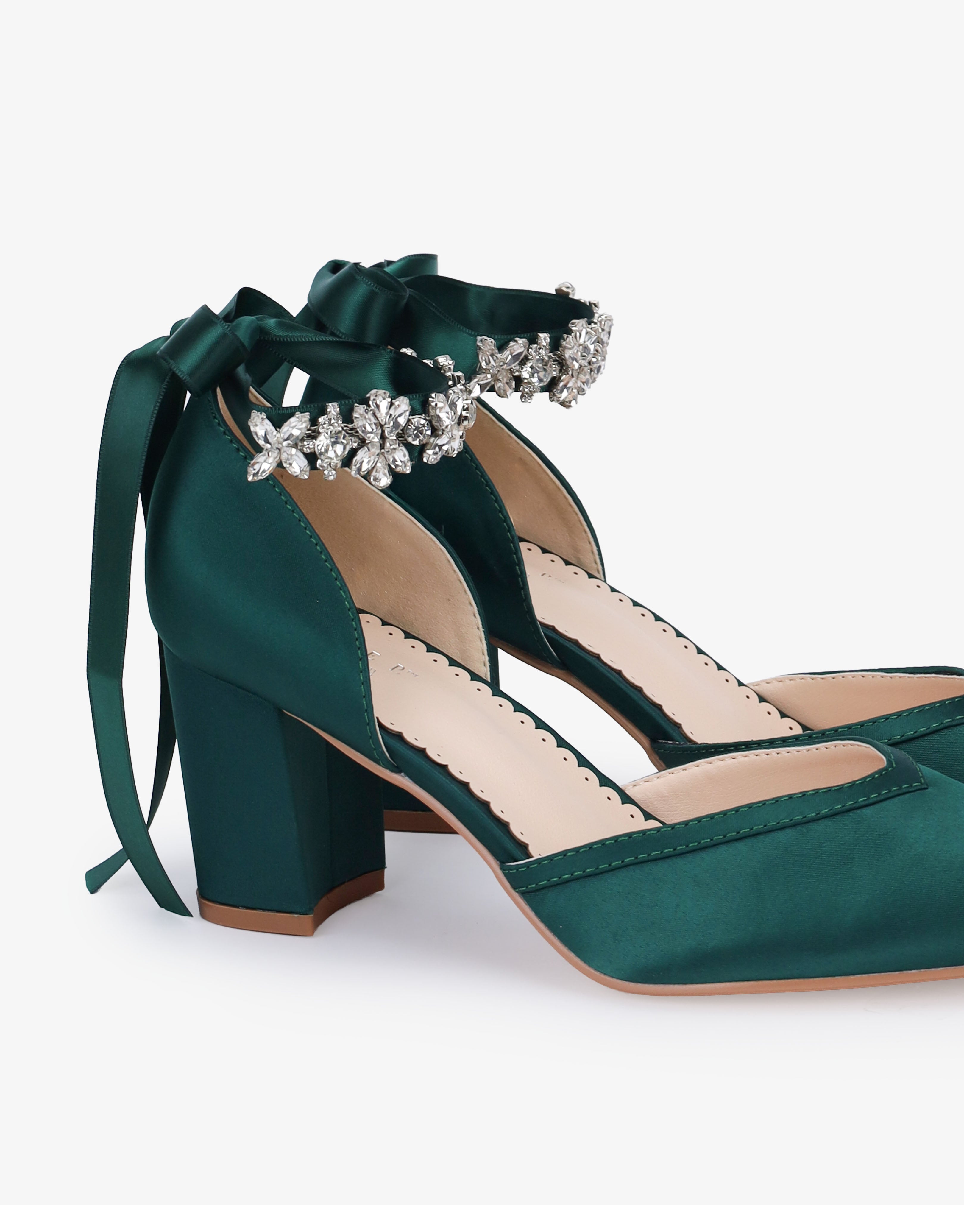 Satin Block Heels Evening Shoes with Floral Rhinestones Ankle Strap - Glamourous Grace