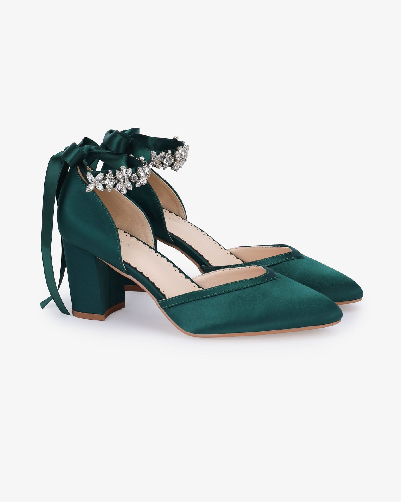 Satin Block Heels Evening Shoes with Floral Rhinestones Ankle Strap - Glamourous Grace