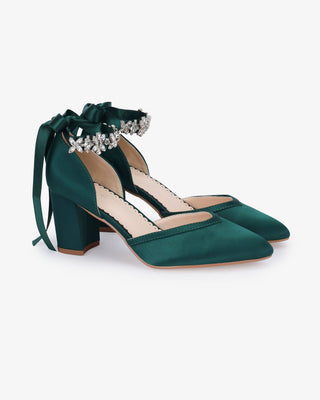 Satin Block Heels Evening Shoes with Floral Rhinestones Ankle Strap