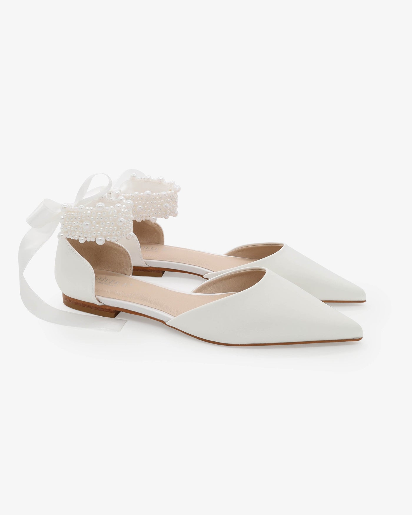 Satin Pointy Toe Wedding Flats with Perla Ankle Strap - Glamourous Grace