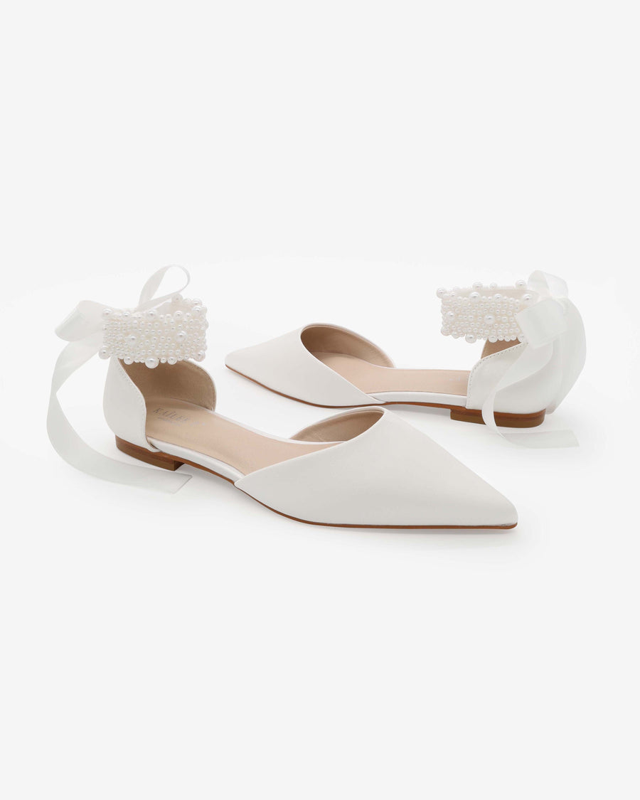 Satin Pointy Toe Wedding Flats with Perla Ankle Strap - Glamourous Grace