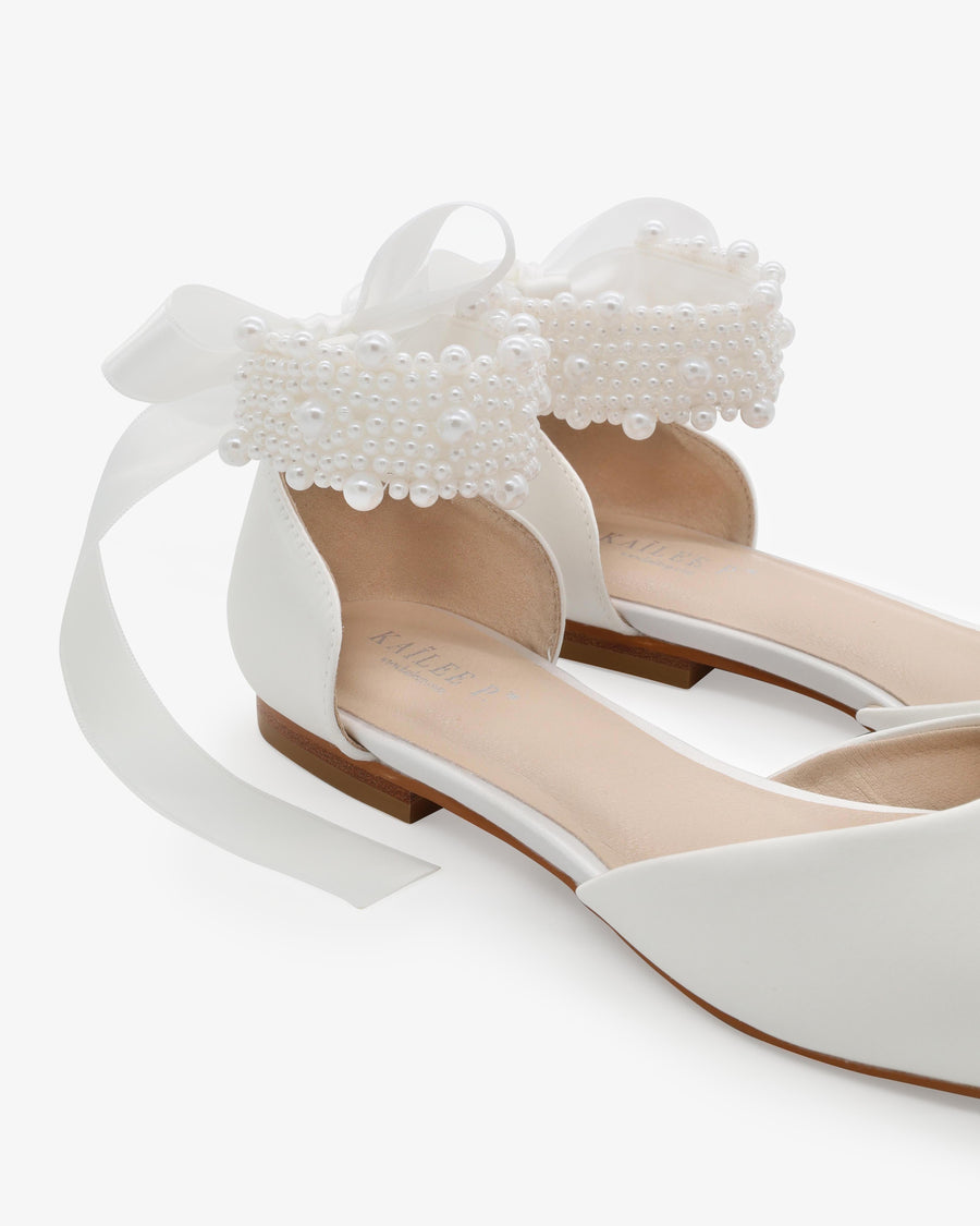 Satin Pointy Toe Wedding Flats with Perla Ankle Strap - Glamourous Grace