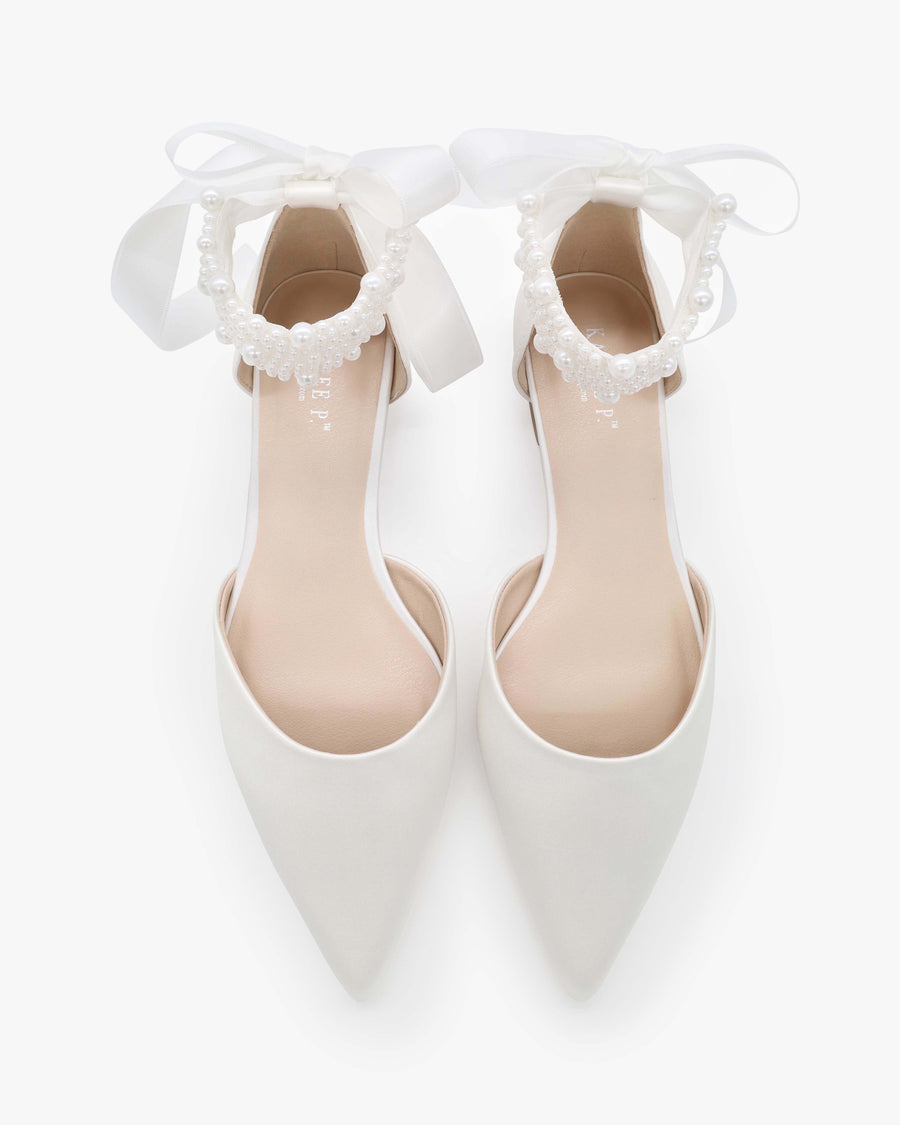 Satin Pointy Toe Wedding Flats with Perla Ankle Strap - Glamourous Grace
