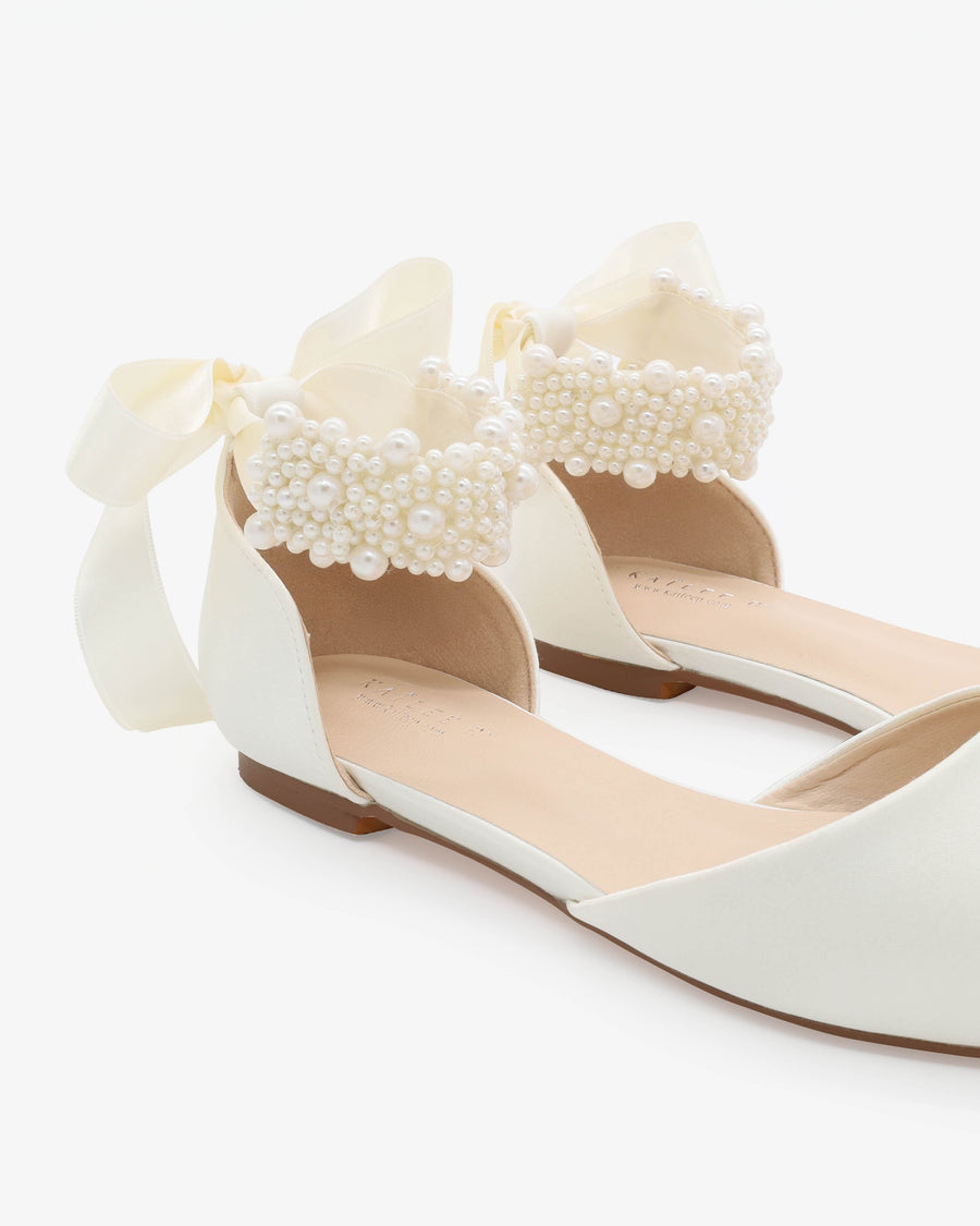 Satin Pointy Toe Wedding Flats with Perla Ankle Strap - Glamourous Grace