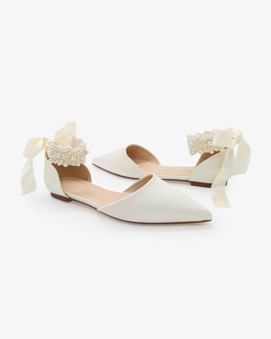 Satin Pointy Toe Wedding Flats with Perla Ankle Strap - Glamourous Grace