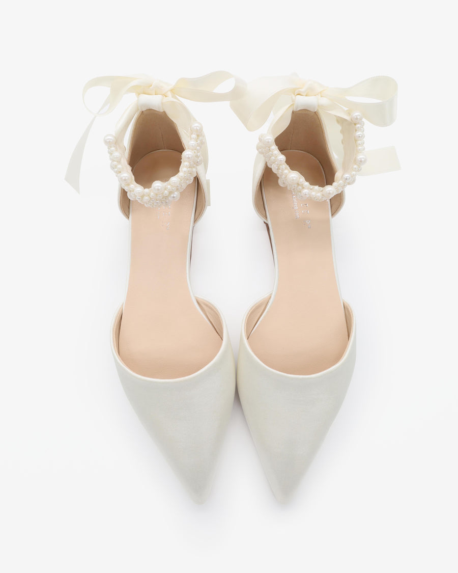 Satin Pointy Toe Wedding Flats with Perla Ankle Strap - Glamourous Grace