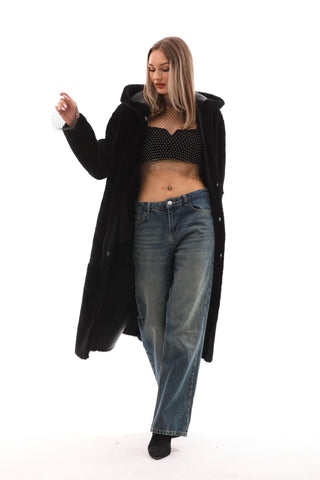 The Virella Reversible Hooded Shearling Black Leather Women Jacket
