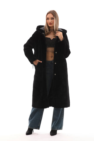 The Virella Reversible Hooded Shearling Black Leather Women Jacket